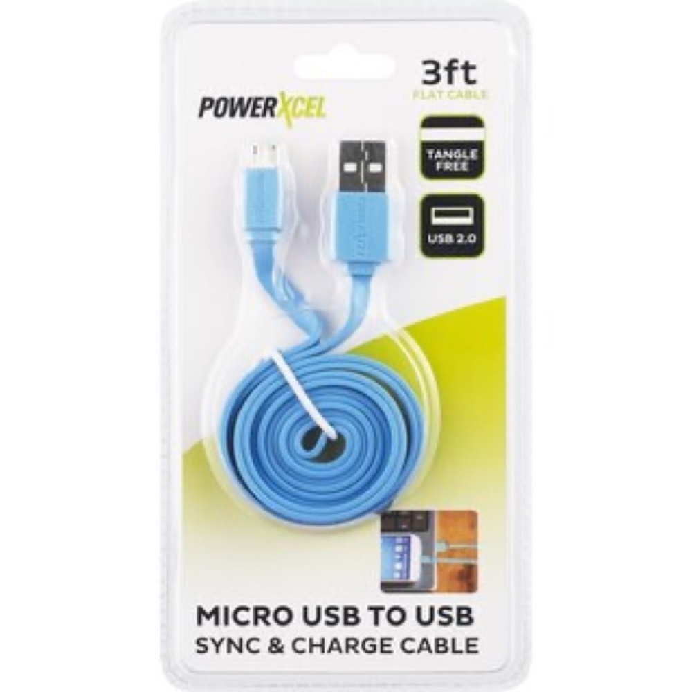 PowerXcel 3ft Micro USB to USB Flat Sync Charge Cable Blue Tangle Free